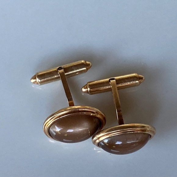 Vintage Krementz Tiger’s Eye Cufflinks– Pre-Patent 1930s • Gold Tone • Oval Dome - Picture 2 of 14